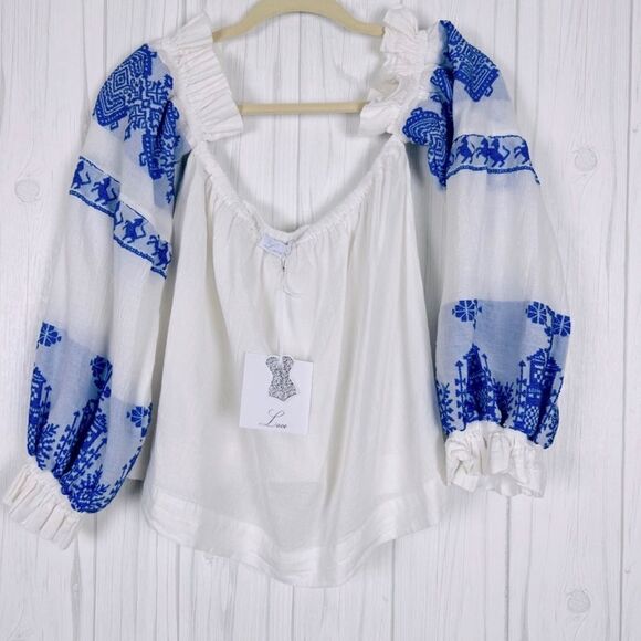 NWT Lace Top & Short Set Embroidered 100% Cotton White Blue Size S - Picture 6 of 9